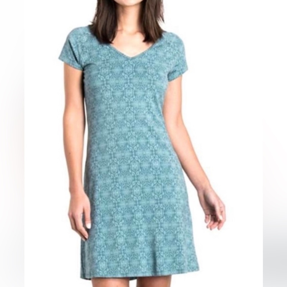 KUHL blue Oriana DRESS open back cut out short sleeve vneck geometric flared XL